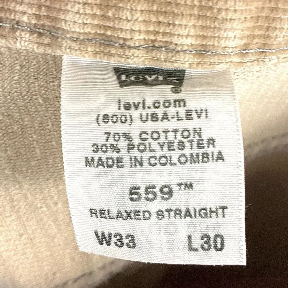 VTG Levis 559 Pants Men 33x30 Beige Corduroy Relaxed Straight Baggy Skate Y2K